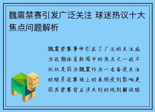 魏震禁赛引发广泛关注 球迷热议十大焦点问题解析