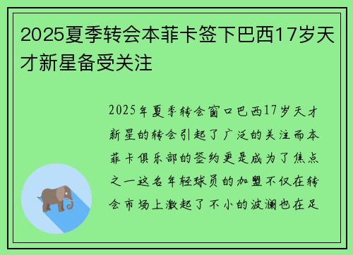 2025夏季转会本菲卡签下巴西17岁天才新星备受关注