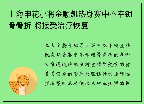 上海申花小将金顺凯热身赛中不幸锁骨骨折 将接受治疗恢复